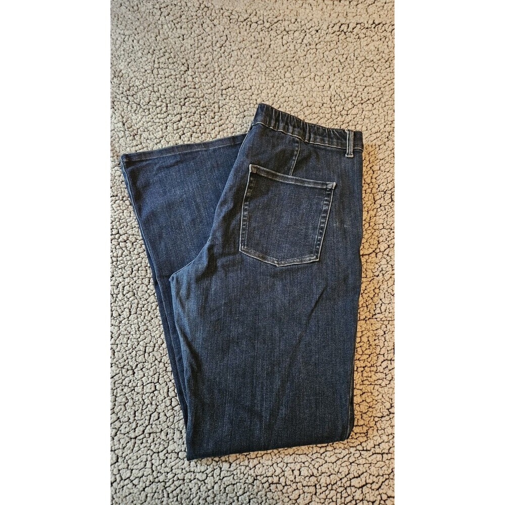 Uniqlo Womens XL Dark Wash Denim Elastic Back Pull On Flare Wide Leg Pants